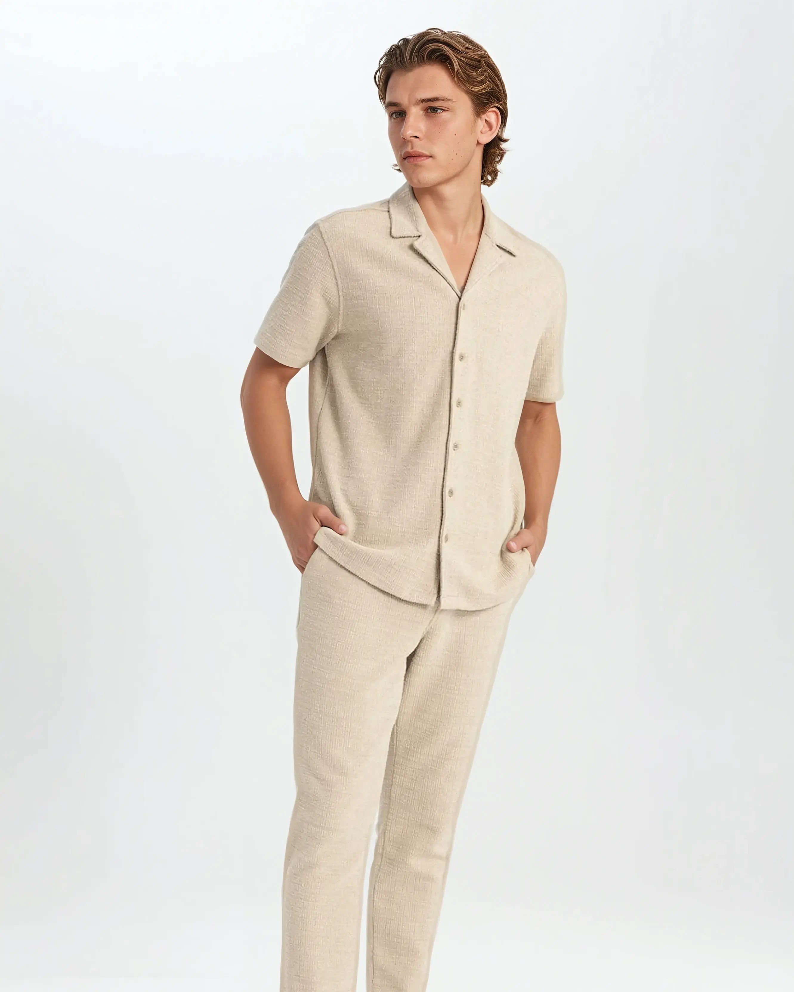Beige Sommer T-shirt i Vaffelstof