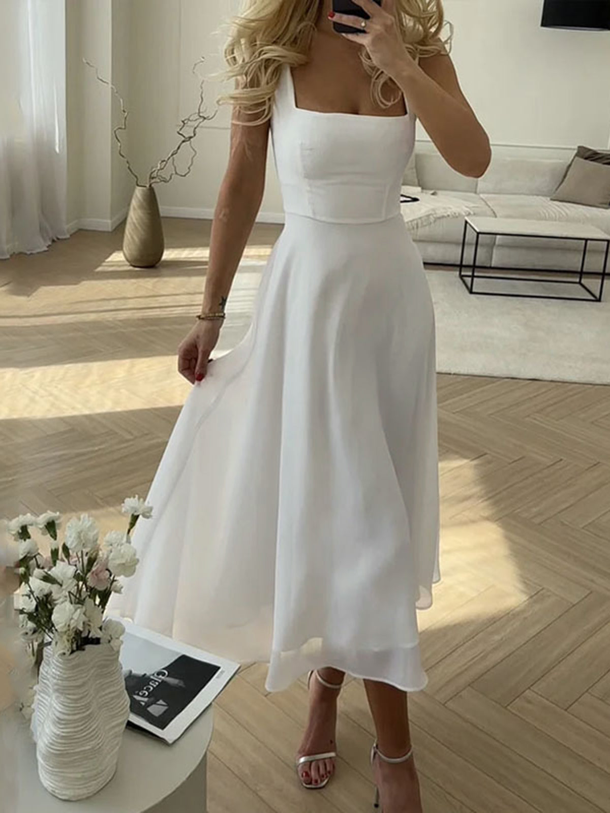 Old Money Midi-Kleid Damen – Elegantes Weißes Sommerkleid mit Trägern