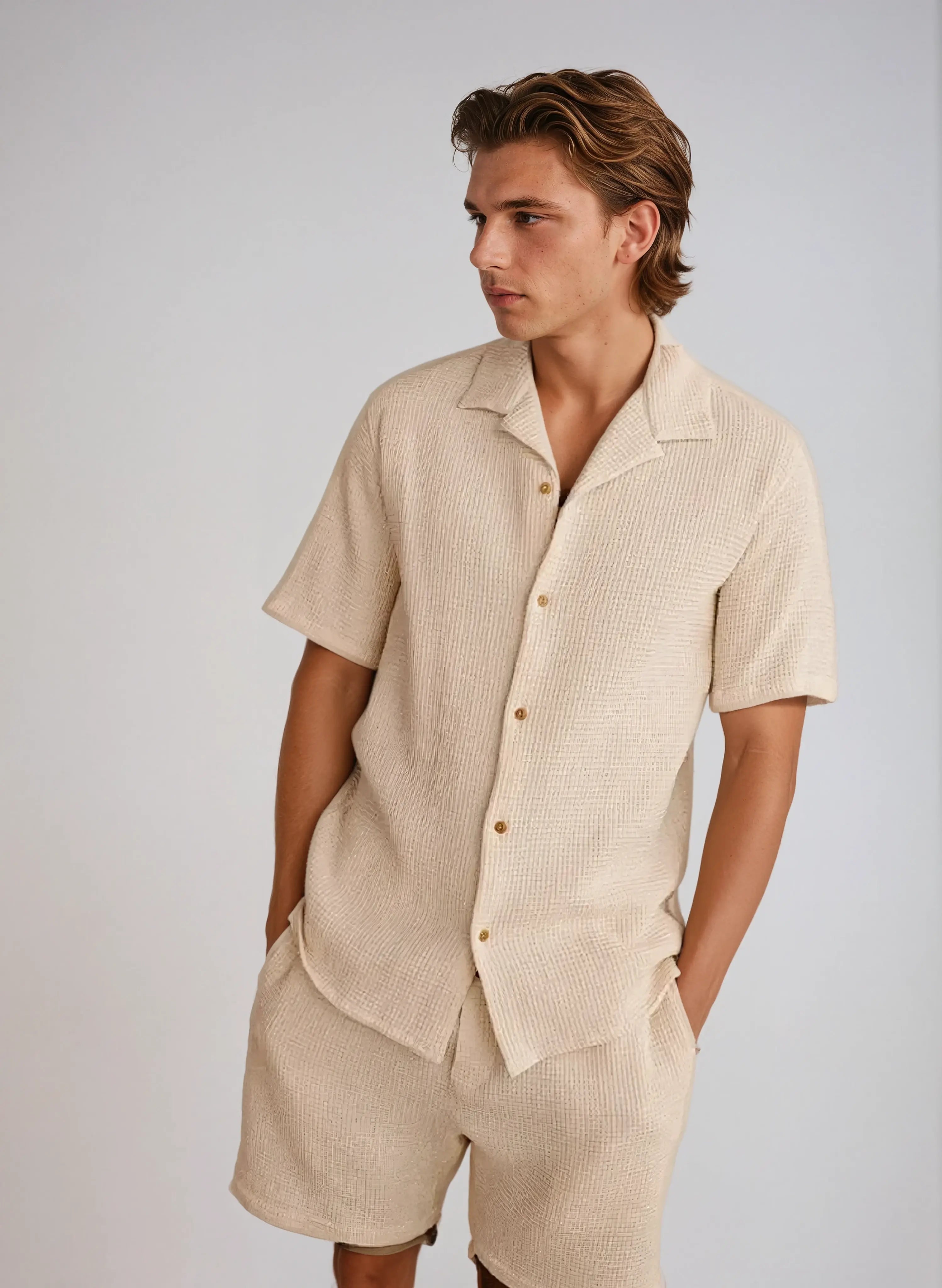 Beige Sommer T-shirt i Vaffelstof