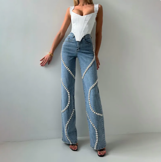 Old Money Denim Jeans Damen - Stylische Denim Jeans mit Perlen