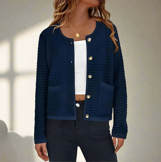 Old Money Cardigan Damen - Elegante Gestrickte Dunkelblaue Cardigan mit Knöpfen