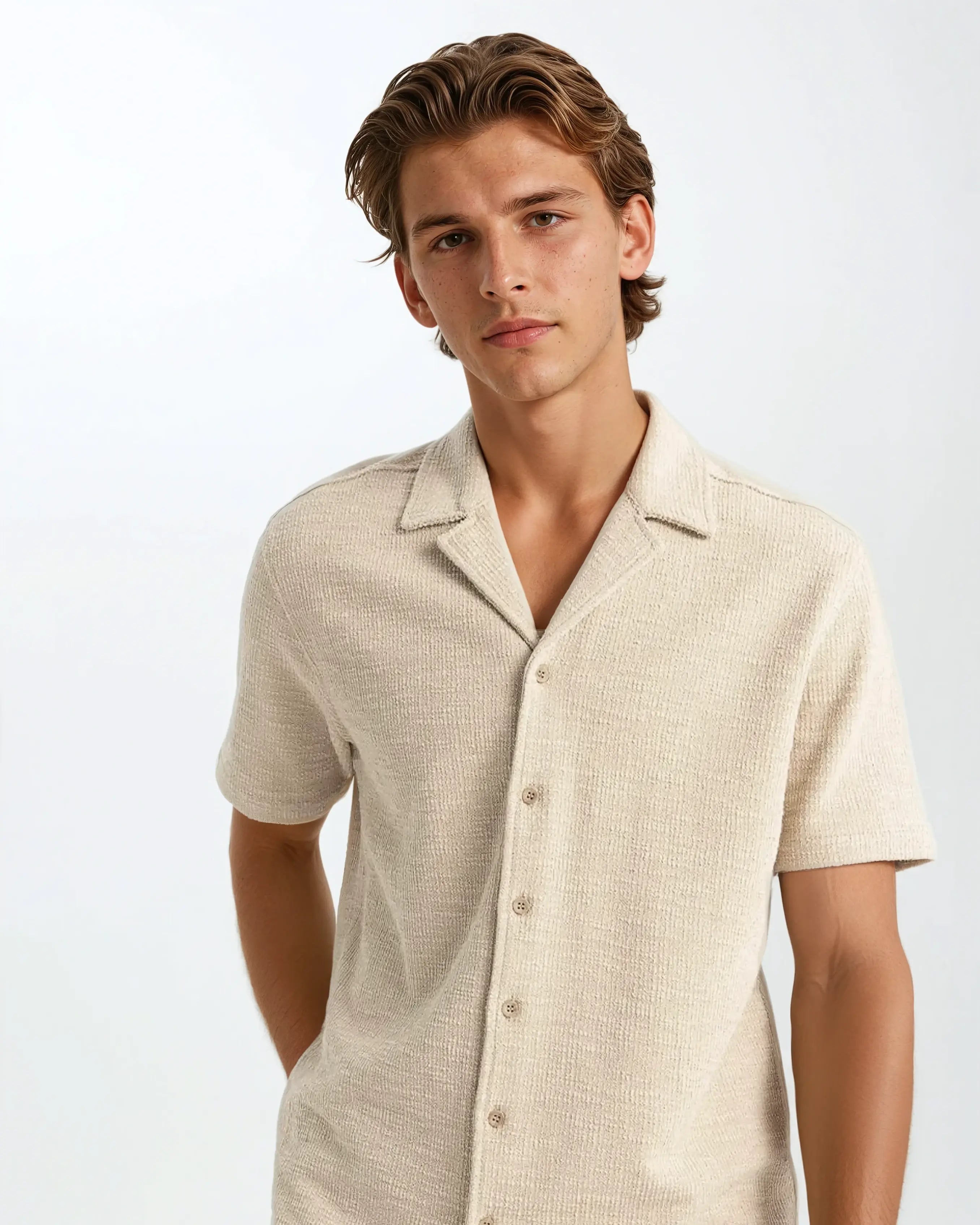 Beige Sommer T-shirt i Vaffelstof